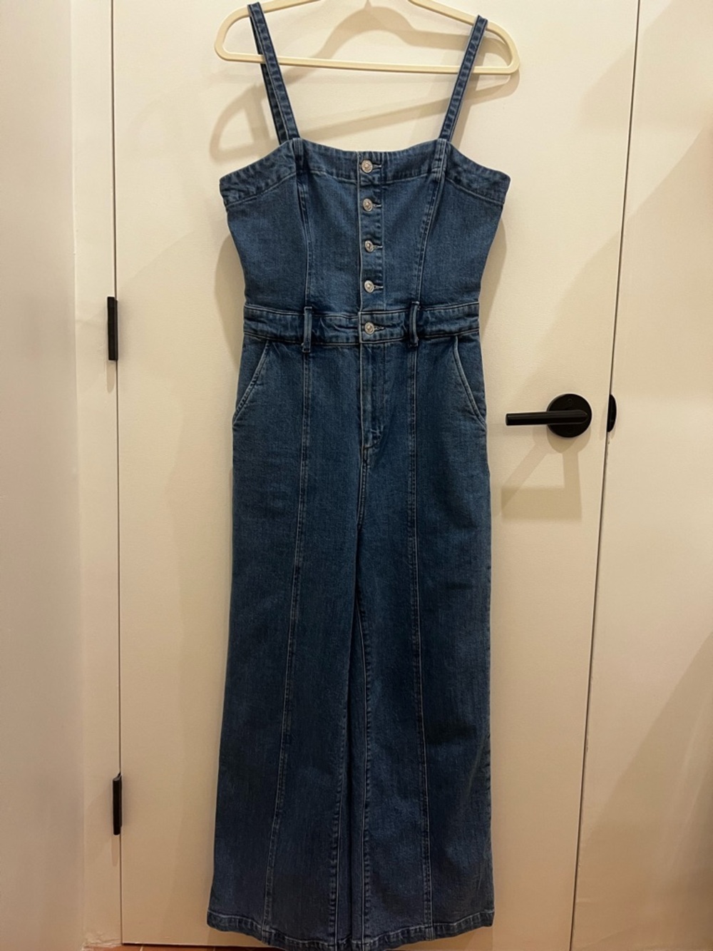 PAIGE Anessa Sleeveless Cropped Wide Leg Denim Jumpsuit.